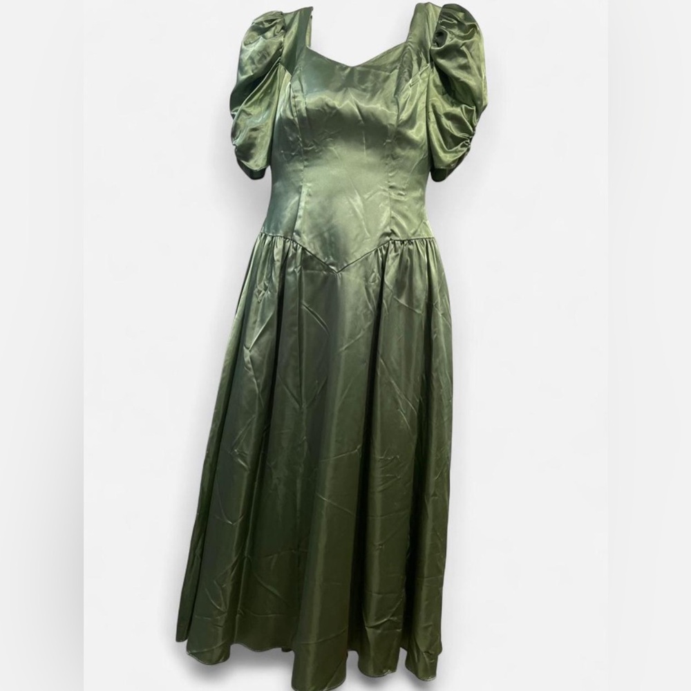 Olive Green Satin 80’s Prom Dress with Puff Sleeves